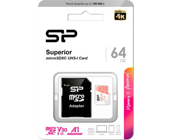 Карта памяти Silicon Power 64GB microSDXC class 10 UHS-I U3 V30 A1 Superior (SP064GBSTXDV3V20SP), изображение 3 Карта памяти Silicon Power 64GB microSDXC class 10 UHS-I U3 V30 A1 Superior (SP064GBSTXDV3V20SP), изображение 3