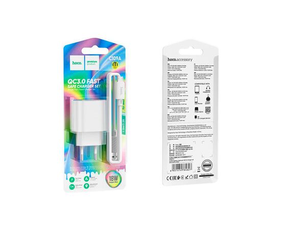 Зарядное устройство HOCO C109A Fighter USB QC3.0 + cable Micro 5P White (6931474784827), изображение 6 Зарядное устройство HOCO C109A Fighter USB QC3.0 + cable Micro 5P White (6931474784827), изображение 6