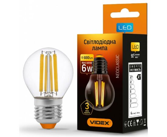 Лампочка Videx Filament G45F 6W E27 4100K 220V (VL-G45F-06274), изображение 2 Лампочка Videx Filament G45F 6W E27 4100K 220V (VL-G45F-06274), изображение 2
