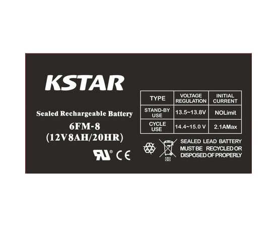 Батарея к ИБП Kstar 12V 8Ah (6-FM-8), изображение 2 Батарея к ИБП Kstar 12V 8Ah (6-FM-8), изображение 2