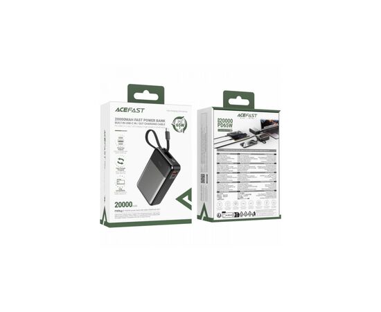 Батарея универсальная Acefast 20000mAh 65W PD, QC/3.0 USB-A+USB-C In/Out,build-in cable M21 Black-Gray (6974316283898), изображение 5 Батарея универсальная Acefast 20000mAh 65W PD, QC/3.0 USB-A+USB-C In/Out,build-in cable M21 Black-Gray (6974316283898), изображение 5