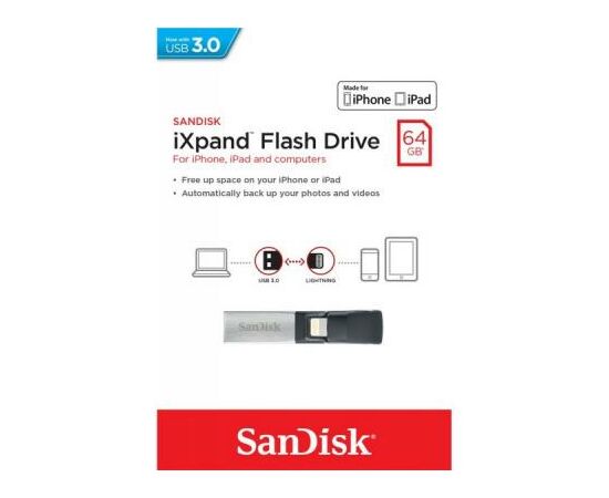 USB флеш накопитель SanDisk 64GB iXpand USB 3.0 /Lightning (SDIX30N-064G-GN6NN), изображение 6 USB флеш накопитель SanDisk 64GB iXpand USB 3.0 /Lightning (SDIX30N-064G-GN6NN), изображение 6
