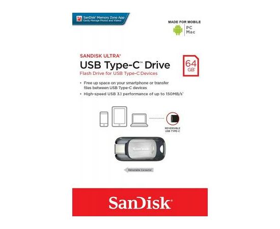 USB флеш накопитель SanDisk 64GB Ultra Type C USB 3.1 (SDCZ450-064G-G46), изображение 6 USB флеш накопитель SanDisk 64GB Ultra Type C USB 3.1 (SDCZ450-064G-G46), изображение 6