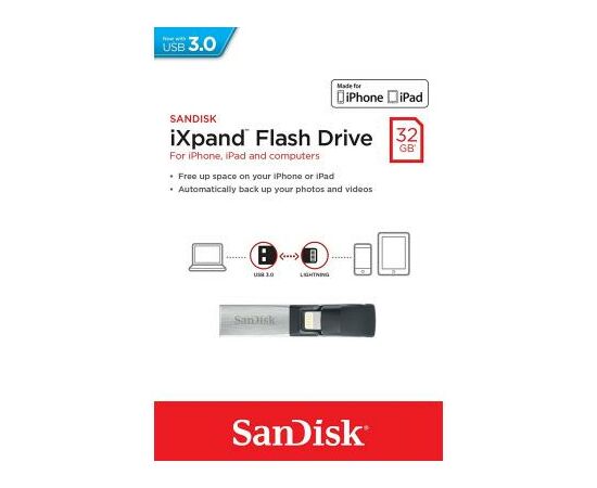USB флеш накопитель SanDisk 32GB iXpand USB 3.0/Lightning (SDIX30C-032G-GN6NN), изображение 5 USB флеш накопитель SanDisk 32GB iXpand USB 3.0/Lightning (SDIX30C-032G-GN6NN), изображение 5