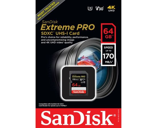 Карта памяти SanDisk 64GB SDXC class 10 V30 UHS-I U3 Extreme Pro (SDSDXXY-064G-GN4IN), изображение 4 Карта памяти SanDisk 64GB SDXC class 10 V30 UHS-I U3 Extreme Pro (SDSDXXY-064G-GN4IN), изображение 4