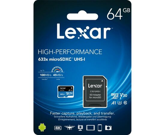 Карта памяти Lexar 64GB microSDXC class 10 UHS-I 633x (LSDMI64GBB633A), изображение 4 Карта памяти Lexar 64GB microSDXC class 10 UHS-I 633x (LSDMI64GBB633A), изображение 4