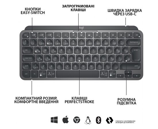 Клавиатура Logitech MX Keys Mini Wireless Illuminated Graphite (920-010501), изображение 5 Клавиатура Logitech MX Keys Mini Wireless Illuminated Graphite (920-010501), изображение 5