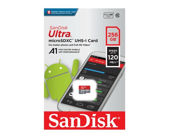 Карта памяти SanDisk 256 GB microSDXC UHS-I Ultra A1 (SDSQUA4-256G-GN6MN), изображение 2 Карта памяти SanDisk 256 GB microSDXC UHS-I Ultra A1 (SDSQUA4-256G-GN6MN), изображение 2