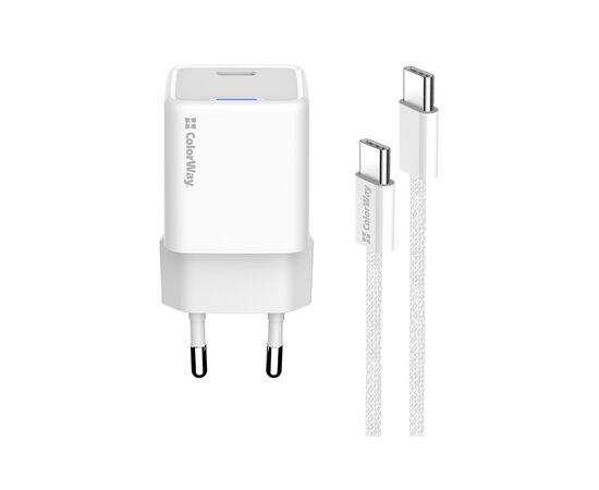 Зарядное устройство ColorWay GaN Mini 30W PD Port PPS USB (Type-C PD + USB QC4.0) cable Type-C (CW-CHS053PDC-WT), изображение 2 Зарядное устройство ColorWay GaN Mini 30W PD Port PPS USB (Type-C PD + USB QC4.0) cable Type-C (CW-CHS053PDC-WT), изображение 2