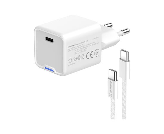 Зарядное устройство ColorWay GaN Mini 30W PD Port PPS USB (Type-C PD + USB QC4.0) cable Type-C (CW-CHS053PDC-WT), изображение 4 Зарядное устройство ColorWay GaN Mini 30W PD Port PPS USB (Type-C PD + USB QC4.0) cable Type-C (CW-CHS053PDC-WT), изображение 4