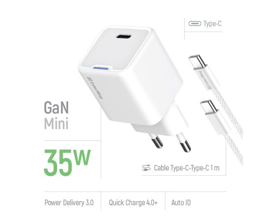 Зарядное устройство ColorWay GaN Mini 30W PD Port PPS USB (Type-C PD + USB QC4.0) cable Type-C (CW-CHS053PDC-WT), изображение 6 Зарядное устройство ColorWay GaN Mini 30W PD Port PPS USB (Type-C PD + USB QC4.0) cable Type-C (CW-CHS053PDC-WT), изображение 6