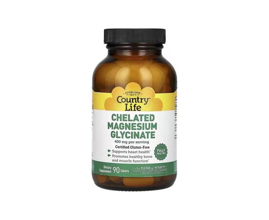 Минералы Country Life Магний Хелатный глицинат, 400 мг, Chelated Magnesium Glycinate, 90 табл (CLF-02680)