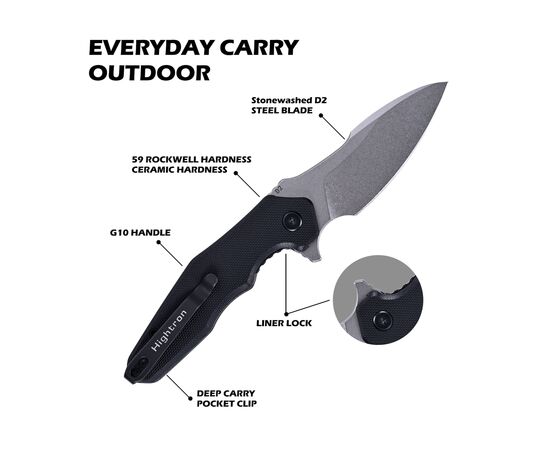 Нож Hightron Mini Ventura, D2, G10, чорний, сталевий stonewash клинок (HK05BLKS), изображение 5 Нож Hightron Mini Ventura, D2, G10, чорний, сталевий stonewash клинок (HK05BLKS), изображение 5