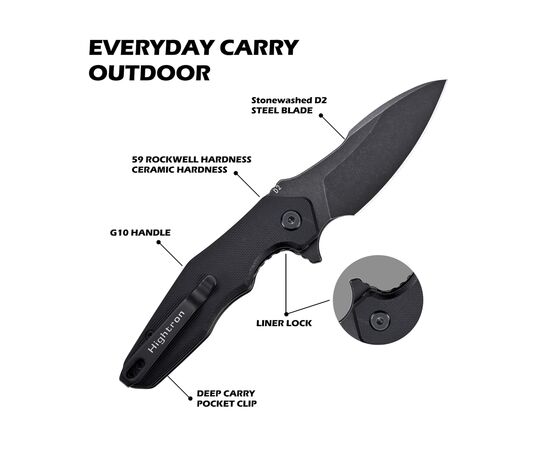 Нож Hightron Mini Ventura, D2, G10, чорний, чорний stonewash клинок (HK05BLKBS), изображение 5 Нож Hightron Mini Ventura, D2, G10, чорний, чорний stonewash клинок (HK05BLKBS), изображение 5