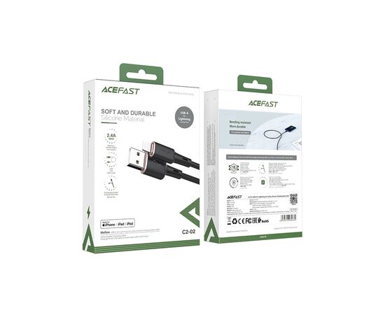 Дата кабель USB 2.0 AM to Lightning 1.2m 2.4A silicone C2-02 black Acefast (AFC2-02B), изображение 5 Дата кабель USB 2.0 AM to Lightning 1.2m 2.4A silicone C2-02 black Acefast (AFC2-02B), изображение 5