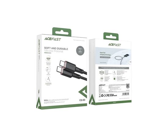 Дата кабель USB-C to USB-C 1.2m 3A 60W silicone C2-03 black Acefast (6974316280729), изображение 3 Дата кабель USB-C to USB-C 1.2m 3A 60W silicone C2-03 black Acefast (6974316280729), изображение 3