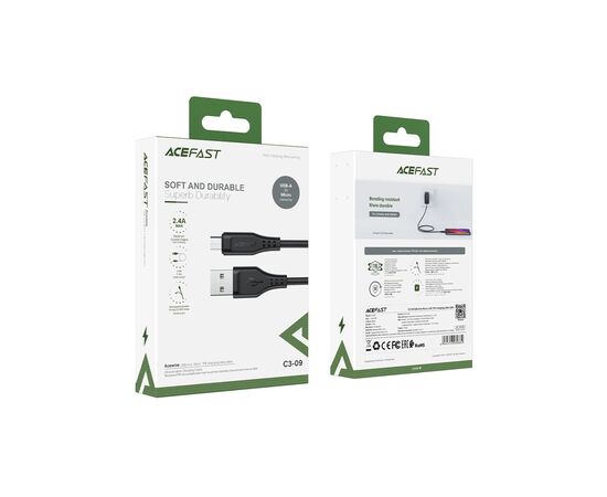 Дата кабель USB 2.0 AM to Micro 5P 1.2m 2.4A TPE C3-09 black Acefast (6974316280880), изображение 3 Дата кабель USB 2.0 AM to Micro 5P 1.2m 2.4A TPE C3-09 black Acefast (6974316280880), изображение 3