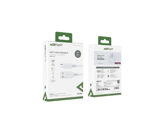Дата кабель USB 2.0 AM to Micro 5P 1.2m 2.4A TPE C3-09 white Acefast (6974316280897), изображение 3 Дата кабель USB 2.0 AM to Micro 5P 1.2m 2.4A TPE C3-09 white Acefast (6974316280897), изображение 3