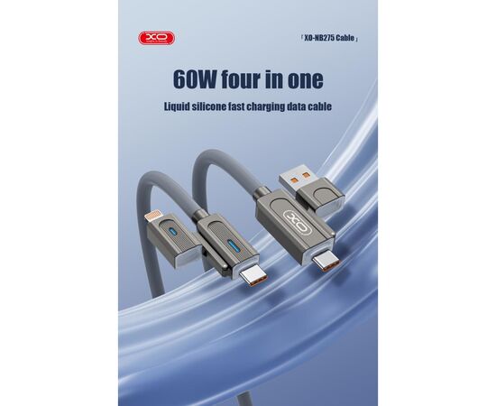 Дата кабель USB 2.0 AM to USB-C + USB 2.0 AM to Lightning 1.0m 60W gray XO (NB275_4-in-1_Gray), изображение 11 Дата кабель USB 2.0 AM to USB-C + USB 2.0 AM to Lightning 1.0m 60W gray XO (NB275_4-in-1_Gray), изображение 11
