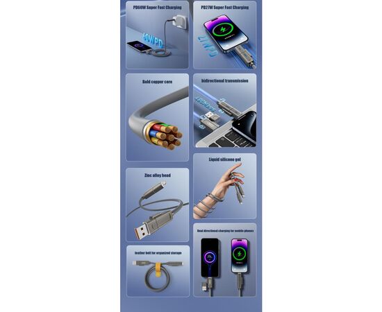 Дата кабель USB 2.0 AM to USB-C + USB 2.0 AM to Lightning 1.0m 60W gray XO (NB275_4-in-1_Gray), изображение 4 Дата кабель USB 2.0 AM to USB-C + USB 2.0 AM to Lightning 1.0m 60W gray XO (NB275_4-in-1_Gray), изображение 4