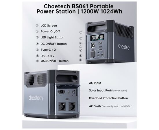 Зарядна станція Choetech BS0061 1200W 1024Wh (BS061), зображення 10 Зарядна станція Choetech BS0061 1200W 1024Wh (BS061), зображення 10