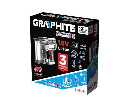 Цвяхозабивач Graphite Energy+ 18V, цвяхи до 50мм, скоби до 40мм, 2.64кг (без АКБ та ЗП) (58G081), зображення 11 Цвяхозабивач Graphite Energy+ 18V, цвяхи до 50мм, скоби до 40мм, 2.64кг (без АКБ та ЗП) (58G081), зображення 11