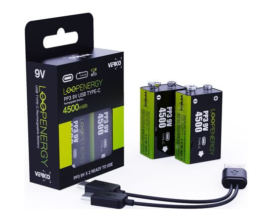 Акумулятор Крона USB-С 500 mAh 9V Li-ion 2шт./уп. (Loop Energy) Verico (1UDBT-A3WEB2-NN), зображення 3 Акумулятор Крона USB-С 500 mAh 9V Li-ion 2шт./уп. (Loop Energy) Verico (1UDBT-A3WEB2-NN), зображення 3