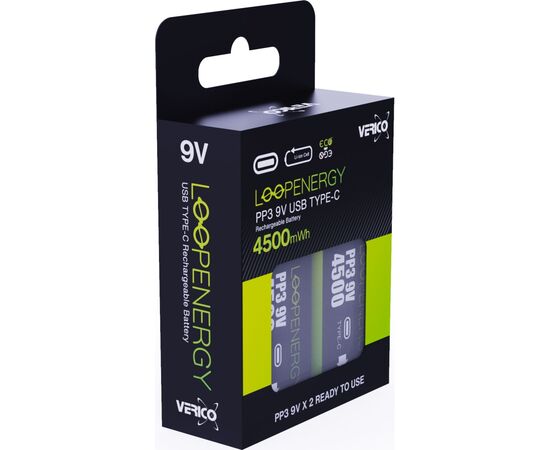 Акумулятор Крона USB-С 500 mAh 9V Li-ion 2шт./уп. (Loop Energy) Verico (1UDBT-A3WEB2-NN), зображення 4 Акумулятор Крона USB-С 500 mAh 9V Li-ion 2шт./уп. (Loop Energy) Verico (1UDBT-A3WEB2-NN), зображення 4