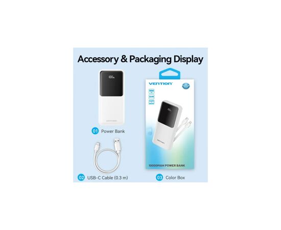 Батарея универсальная Vention 10000mAh 22.5W 3A PD, Built-in USB-C+Lightning Cables, White (FHOW0), изображение 2 Батарея универсальная Vention 10000mAh 22.5W 3A PD, Built-in USB-C+Lightning Cables, White (FHOW0), изображение 2