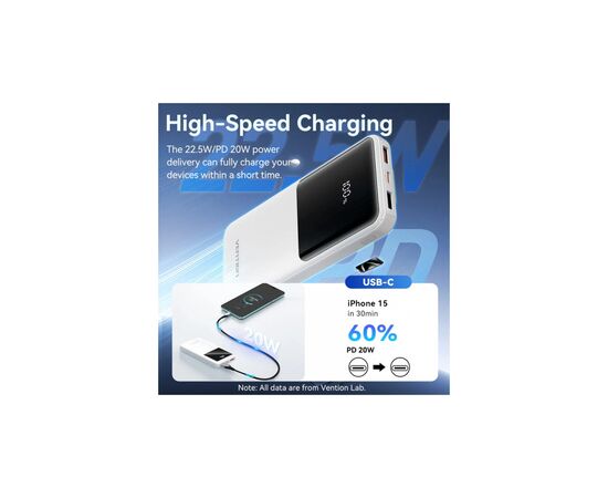Батарея универсальная Vention 10000mAh 22.5W 3A PD, Built-in USB-C+Lightning Cables, White (FHOW0), изображение 8 Батарея универсальная Vention 10000mAh 22.5W 3A PD, Built-in USB-C+Lightning Cables, White (FHOW0), изображение 8