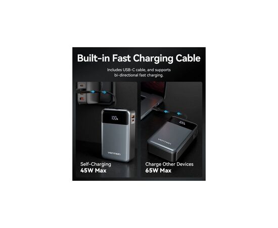 Батарея универсальная Vention 20000mAh 65W 3A PD, QC/3.0, USB-A, Type-C OUT, with Built-in USB-C Cable, LED Display (FHYB0), изображение 6 Батарея универсальная Vention 20000mAh 65W 3A PD, QC/3.0, USB-A, Type-C OUT, with Built-in USB-C Cable, LED Display (FHYB0), изображение 6