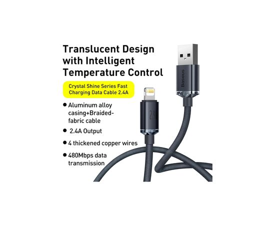 Дата кабель USB 2.0 AM to Lightning 1.2m 2.4A black Baseus (CAJY000001), зображення 2 Дата кабель USB 2.0 AM to Lightning 1.2m 2.4A black Baseus (CAJY000001), зображення 2