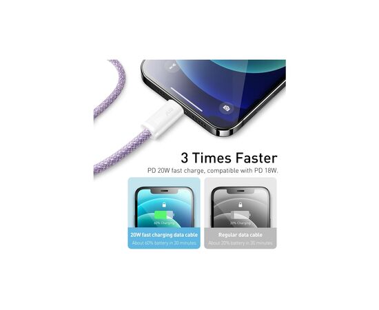 Дата кабель USB-C to Lightning 2.0m 20W purple Baseus (CALD000105), зображення 3 Дата кабель USB-C to Lightning 2.0m 20W purple Baseus (CALD000105), зображення 3