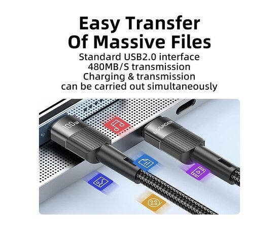Дата кабель USB-C to USB-C 1.0m 100W black Essager (EXCTT1-XC01), изображение 3 Дата кабель USB-C to USB-C 1.0m 100W black Essager (EXCTT1-XC01), изображение 3