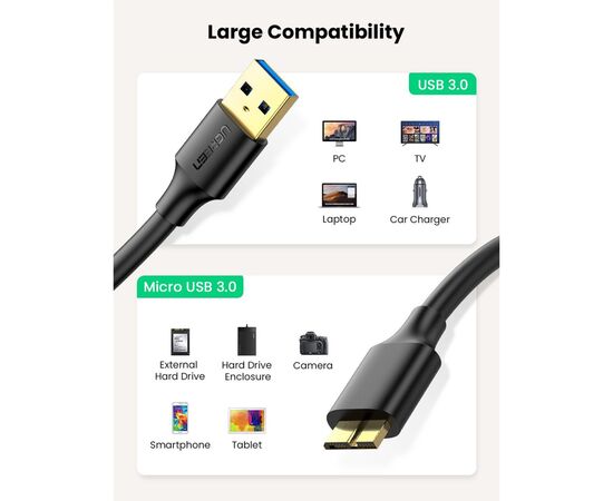 Дата кабель USB 3.0 AM to Micro B 1.0m US130 black Ugreen (10841), зображення 2 Дата кабель USB 3.0 AM to Micro B 1.0m US130 black Ugreen (10841), зображення 2