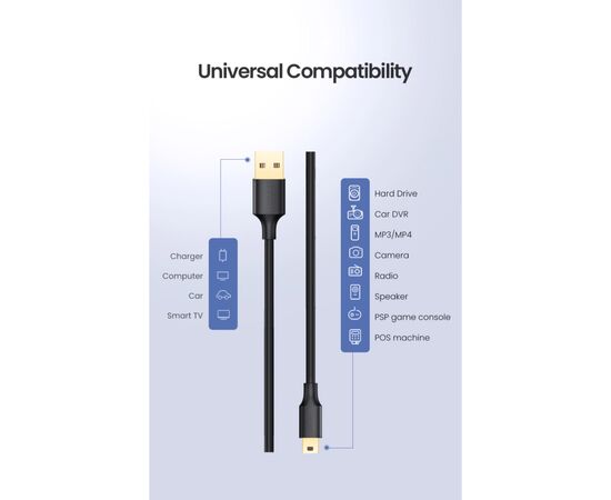 Дата кабель USB 2.0 AM to Mini 5P 1.5m US132 black Ugreen (10385), зображення 5 Дата кабель USB 2.0 AM to Mini 5P 1.5m US132 black Ugreen (10385), зображення 5