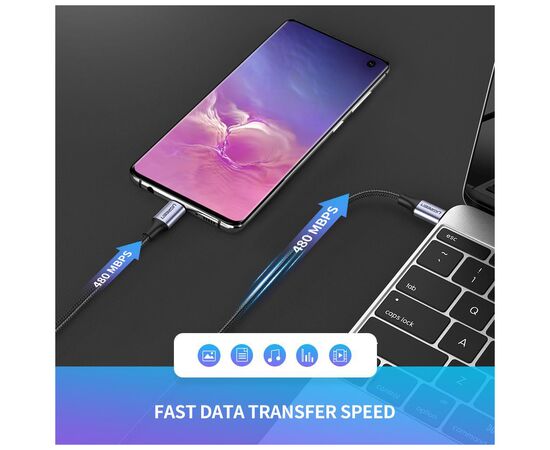Дата кабель USB-C to USB-C 0.5m 3A 60W US261 black/gray Ugreen (50149), изображение 3 Дата кабель USB-C to USB-C 0.5m 3A 60W US261 black/gray Ugreen (50149), изображение 3