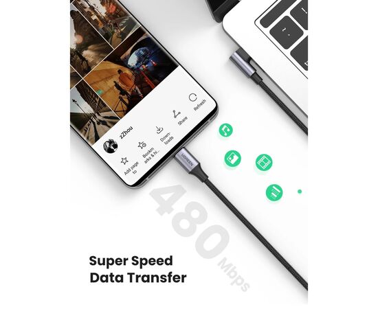 Дата кабель USB-C 2.0 to USB-C 1.0m 90° corner US334 black Ugreen (70643), изображение 3 Дата кабель USB-C 2.0 to USB-C 1.0m 90° corner US334 black Ugreen (70643), изображение 3