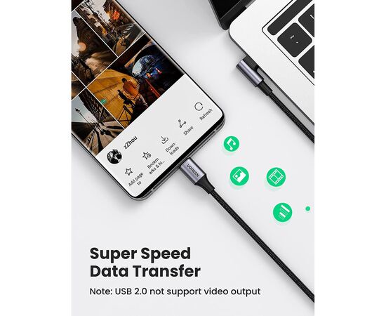 Дата кабель USB-C 2.0 to USB-C 1.0m 90° corner US334 black Ugreen (70643), изображение 5 Дата кабель USB-C 2.0 to USB-C 1.0m 90° corner US334 black Ugreen (70643), изображение 5