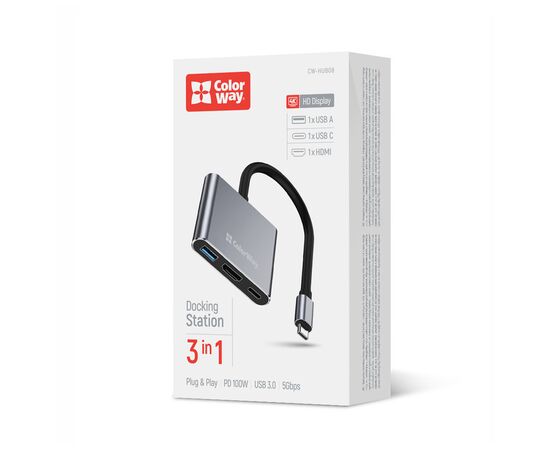 Концентратор ColorWay USB-C 3-in-1 USB 3.0 + HDMI 4K + USB-C PD100W (CW-HUB08), изображение 5 Концентратор ColorWay USB-C 3-in-1 USB 3.0 + HDMI 4K + USB-C PD100W (CW-HUB08), изображение 5
