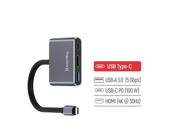 Концентратор ColorWay USB-C 3-in-1 USB 3.0 + HDMI 4K + USB-C PD100W (CW-HUB08), изображение 6 Концентратор ColorWay USB-C 3-in-1 USB 3.0 + HDMI 4K + USB-C PD100W (CW-HUB08), изображение 6
