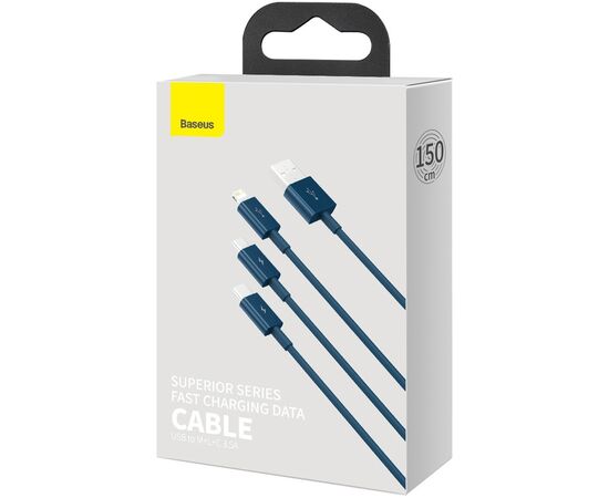 Дата кабель USB 2.0 AM to Lightning + Micro 5P + Type-C 1.5m 3.5A blue Baseus (CAMLTYS-03), изображение 6