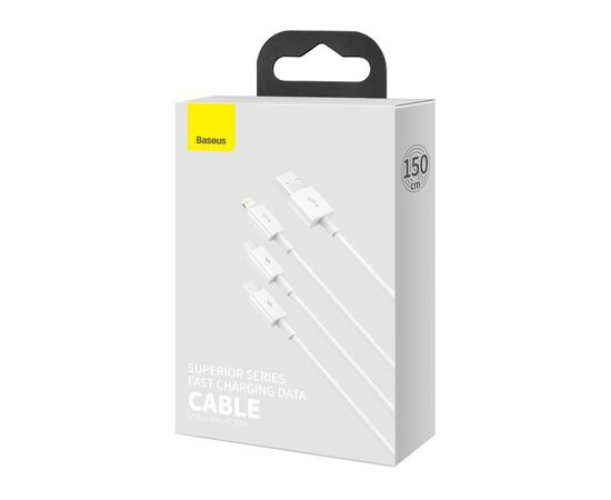 Дата кабель USB 2.0 AM to Lightning + Micro 5P + USB-C 1.5m 3.5A white Baseus (CAMLTYS-02), зображення 3 Дата кабель USB 2.0 AM to Lightning + Micro 5P + USB-C 1.5m 3.5A white Baseus (CAMLTYS-02), зображення 3