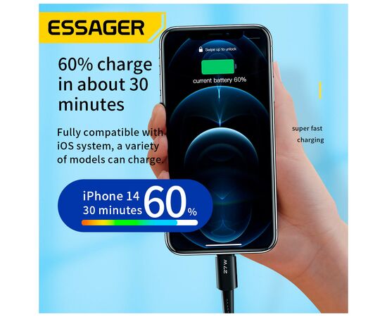 Дата кабель USB-C to Lightning 0.5m 20W black Essager (EXCTL-CGB01), изображение 3 Дата кабель USB-C to Lightning 0.5m 20W black Essager (EXCTL-CGB01), изображение 3