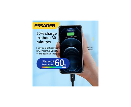 Дата кабель USB-C to Lightning 2.0m 20W black Essager (EXCTL-CGA01), изображение 5 Дата кабель USB-C to Lightning 2.0m 20W black Essager (EXCTL-CGA01), изображение 5