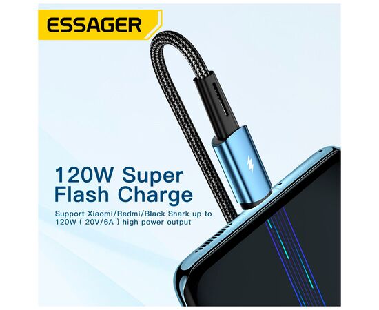 Дата кабель USB 2.0 AM to USB-C 2.0m 120W black Essager (EXC120-CGA01-P), изображение 4 Дата кабель USB 2.0 AM to USB-C 2.0m 120W black Essager (EXC120-CGA01-P), изображение 4
