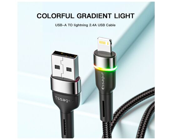 Дата кабель USB 2.0 AM to Lightning 2.0m 2.4A LED black Essager (EXCL-XCDA01), изображение 4 Дата кабель USB 2.0 AM to Lightning 2.0m 2.4A LED black Essager (EXCL-XCDA01), изображение 4