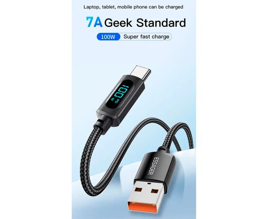 Дата кабель USB 2.0 AM to USB-C 1.0m 7A LED black Essager (EXCT-XY01-P), изображение 2 Дата кабель USB 2.0 AM to USB-C 1.0m 7A LED black Essager (EXCT-XY01-P), изображение 2