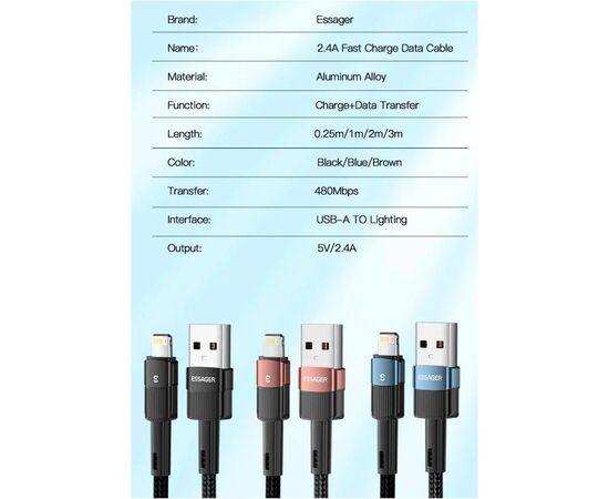 Дата кабель USB 2.0 AM to Lightning 2.0m 2.4A black Essager (EXCL-XCA01), изображение 9 Дата кабель USB 2.0 AM to Lightning 2.0m 2.4A black Essager (EXCL-XCA01), изображение 9