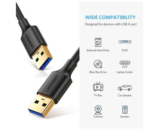 Дата кабель USB 3.0 AM/AM 1.0m US128 black Ugreen (10370), зображення 2 Дата кабель USB 3.0 AM/AM 1.0m US128 black Ugreen (10370), зображення 2